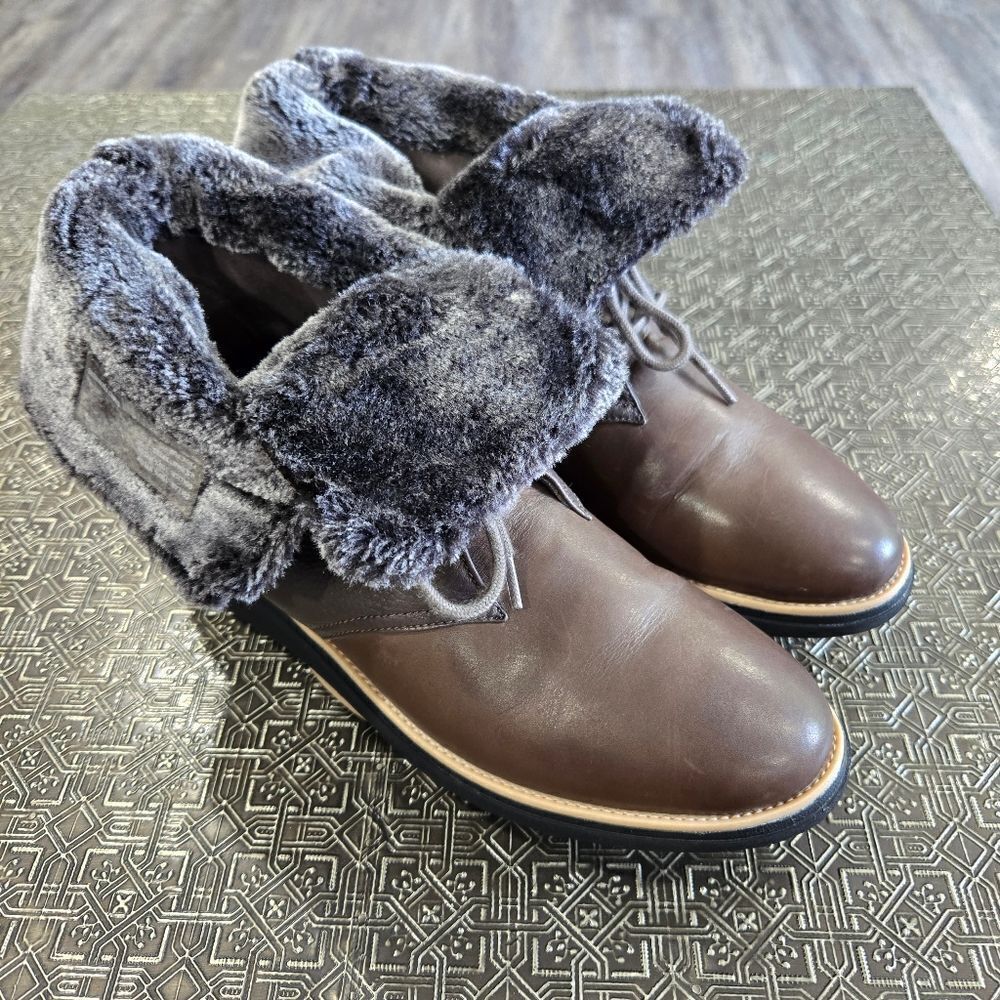 🐢 Clarks Shannon Pearl Taupe Leather Lace Up Bootie Boot with Faux Fur Size 11 - Picture 4 of 12